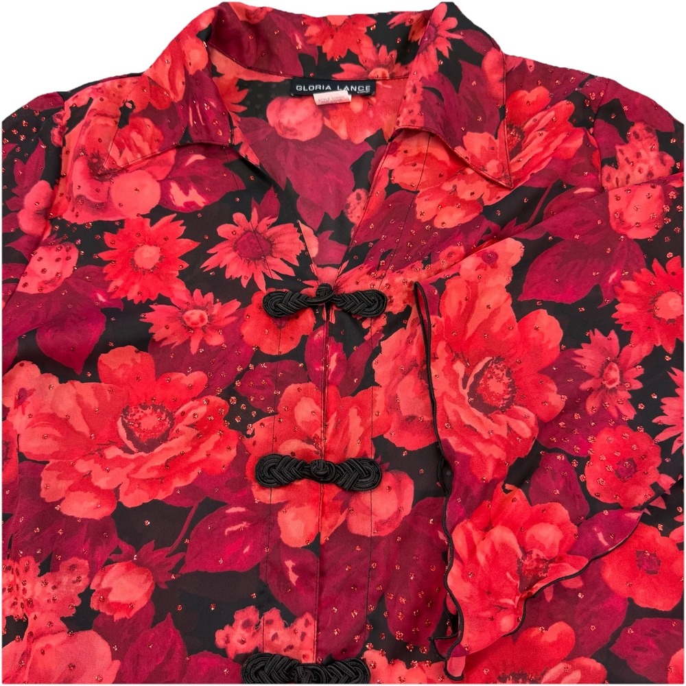 Gloria Lance Red Black‎ Floral Sheer Blouse To Chinese Knot Closure Size 2X